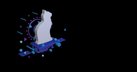 Poster - White cat symbol on a pedestal of abstract geometric shapes floating in the air. Abstract concept art with flying shapes on the left. 3d illustration on black background