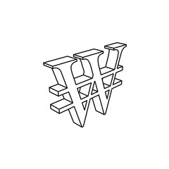 Poster - The outline of a large Korean won sign is made with black lines. 3D view of the object in perspective. Vector illustration on white background