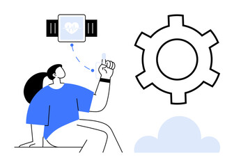 Poster - person interacts with a smartwatch displaying a heart icon, connecting to a gear symbol and cloud sh