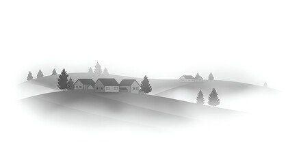 Foggy village on hills with trees