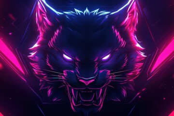 Aufkleber - Powerful black panther head with vibrant neon colors and striking details set against a dark background creating an electrifying tech-inspired aesthetic