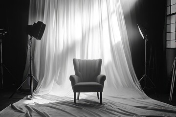 Leinwandbilder - Textile drapes cast shadows and light in a dimly lit room creating a dramatic atmosphere and emphasizing the textures of the fabric