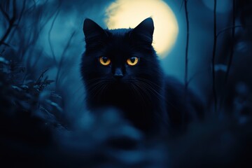 Poster - Mysterious black cat with glowing eyes lurking in the moonlit forest during a quiet night