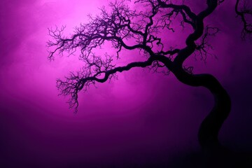 Aufkleber - Twisted tree silhouette against purple mist at night creating a mysterious and eerie atmosphere in a secluded forest