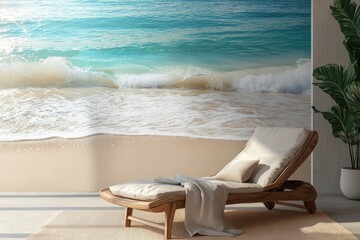 Poster - Relaxing by the shore as the sun sets over tranquil waters on a serene beach surrounded by lush greenery