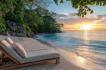 Poster - Relaxing by the shore as the sun sets over tranquil waters on a serene beach surrounded by lush greenery