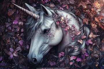 Aufkleber - Majestic unicorn resting in a mystical forest with glowing flowers at dusk surrounded by twinkling lights