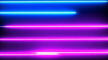 Poster - Abstract background with horizontal glowing lines, blue and purple neon light streaks on black background, futuristic technology design