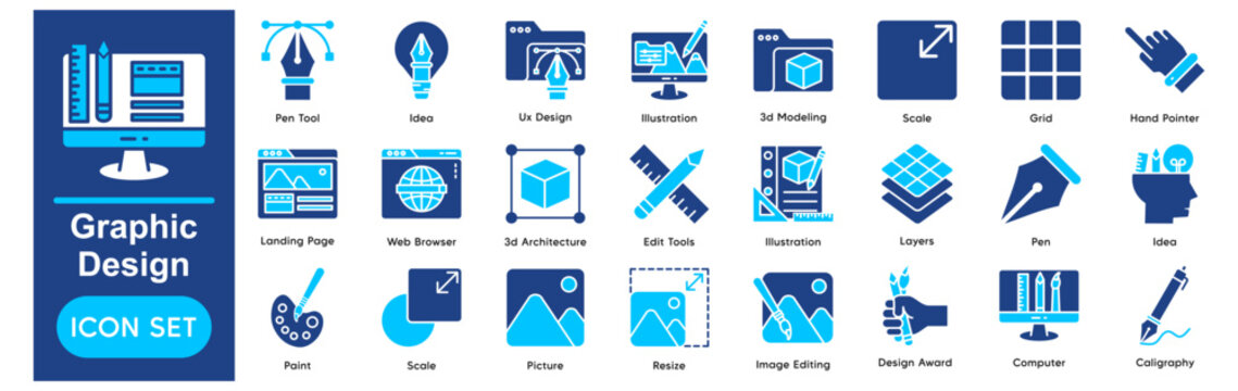 Graphic Design Icons Collection related to Design, Vector, Illustration, Icon, Set, Art, Creative, Digital, Computer, Pen Tool, Idea.