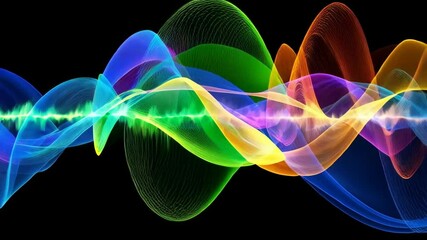 Poster - Colorful abstract sound waves, bright light streaks flowing across a black backdrop, creating a dynamic and eye-catching visual display.