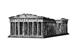 Parthenon ruins illustration in vintage stipple engraving style isolated on transparent background