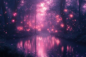 Aufkleber - A magical forest illuminated by glowing flowers at twilight with mist and soft pink hues highlighting the serene landscape