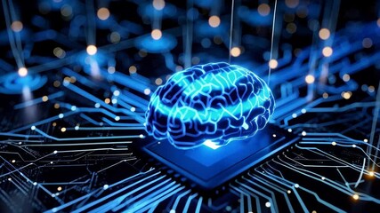 Poster - Artificial intelligence brain rendering on computer chip circuit board with glowing connection points, data flow concept