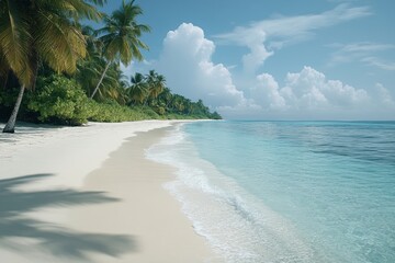 Poster - Serene beach landscape with gentle waves lapping the shore under a clear sky and soft clouds during midday at a tranquil coastal location