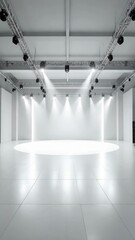 Poster - Large empty room with white walls, tiled floor, stage lighting truss system, bright spotlights and illumination for events or showroom space.