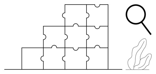 Stacked puzzle pieces forming a pyramid structure beside a magnifying glass and a plant illustration. Ideal for teamwork, problem solving, organization, analysis, research, focus, simple landing page