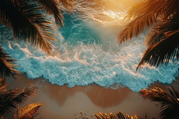 Poster - Vibrant sunset view of waves gently crashing on the sandy beach framed by palm leaves in a tropical paradise