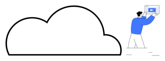 Poster - man holding video thumbnail near a large cloud outline. ideal for cloud services, data management, v