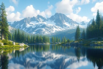 Poster - Snow-covered mountain reflects in calm lake at dawn over a pristine landscape, capturing the serenity of nature in a remote wilderness area