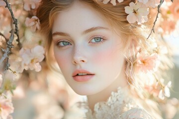 Aufkleber - Beautiful woman surrounded by pink blossoms in a serene garden during springtime, evoking a sense of tranquility and bloom