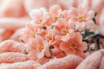 Poster - Soft pink cherry blossom branch placed on a cozy knitted fabric evokes a sense of springtime warmth and tranquility in a stylish home setting