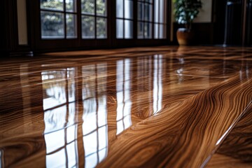 Poster - Sunlight casts dramatic patterns on polished wooden floor in an elegant room, showcasing a warm ambiance during late afternoon hours