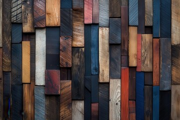 Poster - Varied wooden planks arranged in diagonal patterns showcasing diverse textures and colors in an indoor setting