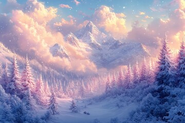 Poster - Breathtaking winter landscape depicting snow-covered mountains and tranquil valley during sunset with vibrant clouds illuminated by fading sunlight