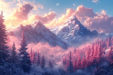 Poster - Breathtaking winter landscape depicting snow-covered mountains and tranquil valley during sunset with vibrant clouds illuminated by fading sunlight