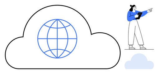 Poster - large cloud outline with a globe symbol signifies global connectivity. person holding a tablet gestu