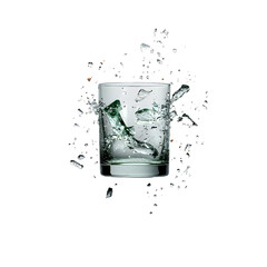 Poster - A photograph of a broken glass with scattered shards and water droplets centered and isolated on a white background