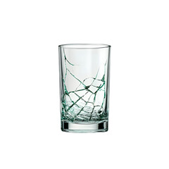 Poster - A photograph of a cracked glass cup with intricate patterns of fracture lines centered and isolated against a clean white background