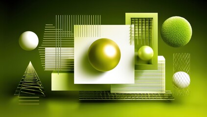 Poster - Abstract Geometric Composition With 3D Shapes In Yellow Green And Gold