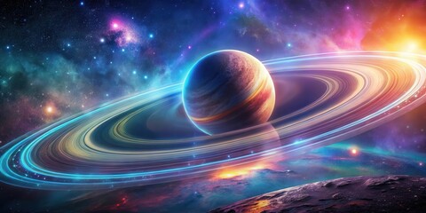 Wall Mural - a vibrant cosmic scene featuring a ringed planet, illuminated by celestial bodies and nebulae
