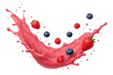 Poster - Strawberries, blueberries and raspberries flying with a splash of pink smoothie on transparent background