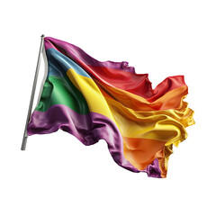 Poster - A vibrant digital 3D rendering of a stylized rainbow flag gracefully waving and floating against a clean white background symbolizing LGBTQ pride and diversity