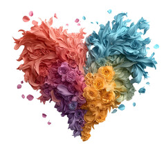 Poster - A vibrant abstract heart composed of layered swirling floral petals in a rainbow of colors creating a dynamic and imaginative design on a white background