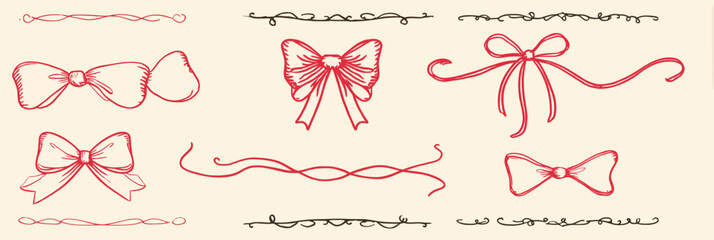 Wall Mural - bow frame ribbon border vintage hand drawn set � elegant red doodle sketch bow frame decorative orna