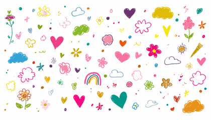 Wall Mural - cute kid icon set with hand drawn flowers clouds hearts doodle cartoon scribble style vector illustr
