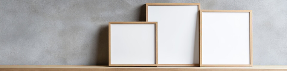 panoramic banner with various wooden blank mock up frames