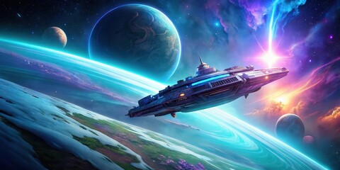 Wall Mural - a futuristic starship soars through a vibrant nebula, orbiting a lush, icy planet amidst a cosmic ba