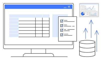 Computer screen displaying spreadsheet alongside task checklist, database icon, data analytics graph. Ideal for data management, analysis, organization, productivity, business, technology simple