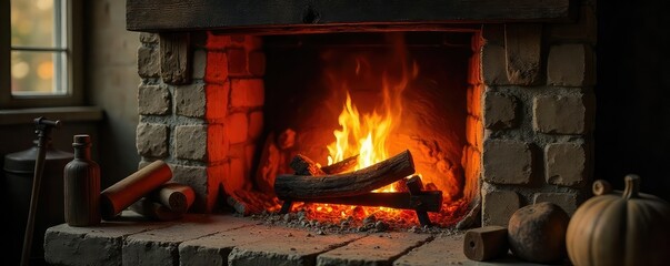 Wall Mural - a crackling fireplace with glowing embers, casting a warm inviting light on a rustic wooden mantelpi