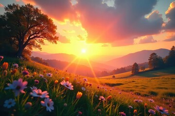 Wall Mural - A joyous sunrise over a tranquil landscape, symbolizing new beginnings and hope after a period of darkness Perfect for Easter, renewal, rebirth, and spiritual themes , peaceful, easter