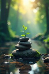 Wall Mural - A serene scene depicting a perfectly balanced arrangement of natural elements, suggesting equilibrium and inner peace The image evokes feelings of calm and harmony , wellness, endurance, plants