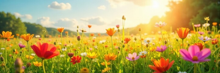 Wall Mural - a sun-drenched field of vibrant wildflowers swaying gently in a summer breeze, radiating joy and ser