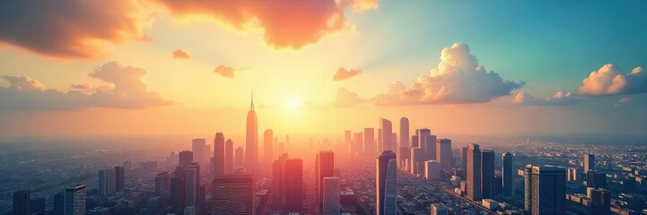 Wall Mural - a sunlit cityscape with modern architecture reaching towards a vibrant, clear sky, symbolizing hope 