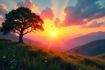 Wall Mural - A tranquil sunrise over a serene landscape, perfect for a peaceful and calming background Ideal for websites, presentations, or social media posts , orange, environment, backdrop