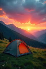 Wall Mural - A vibrant sunrise paints the sky over a tent pitched in a lush green meadow, mist clinging to the hills in the background Perfect weather for a camping adventure , tranquil, wild, serene
