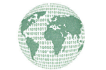 Poster - Rotating green digital globe generating streams of binary code against a transparent background, symbolizing advanced technology and global connectivity